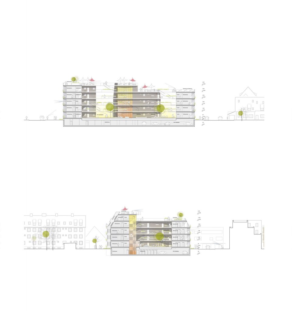 Gebäudeschnitte für ALN-Beitrag beim Landshut Wettbewerb Bürgerblock
